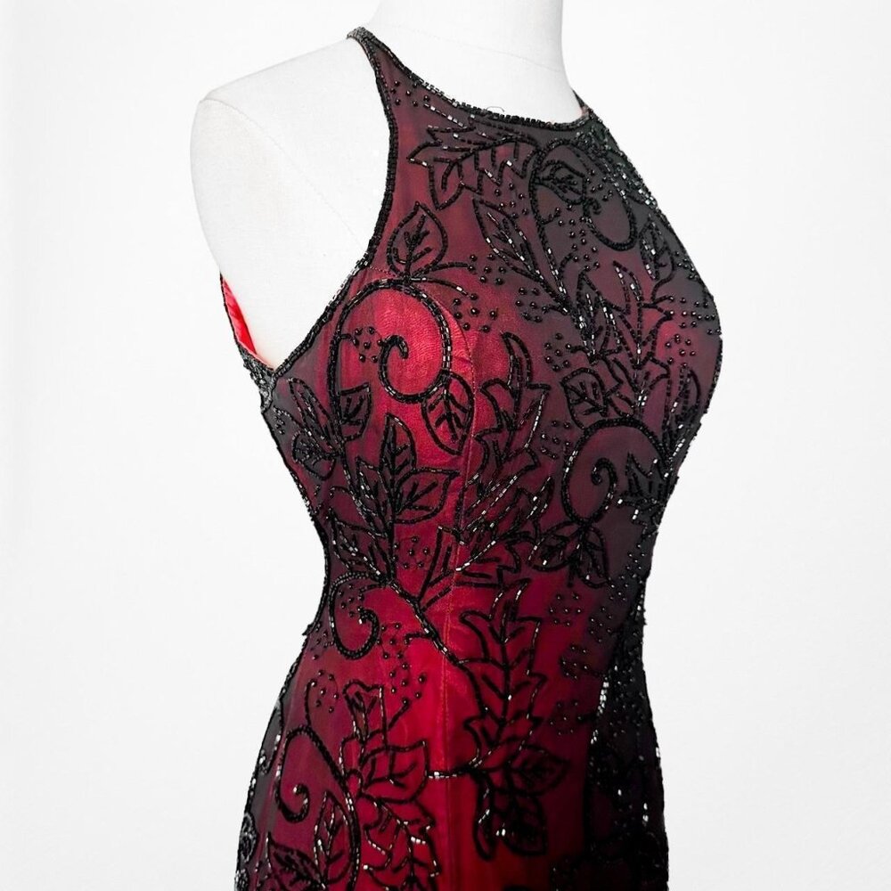 Vintage Burgundy Red Floral Beaded Silk Bodycon Maxi Formal Prom Dress Size S/M - Picture 6 of 8